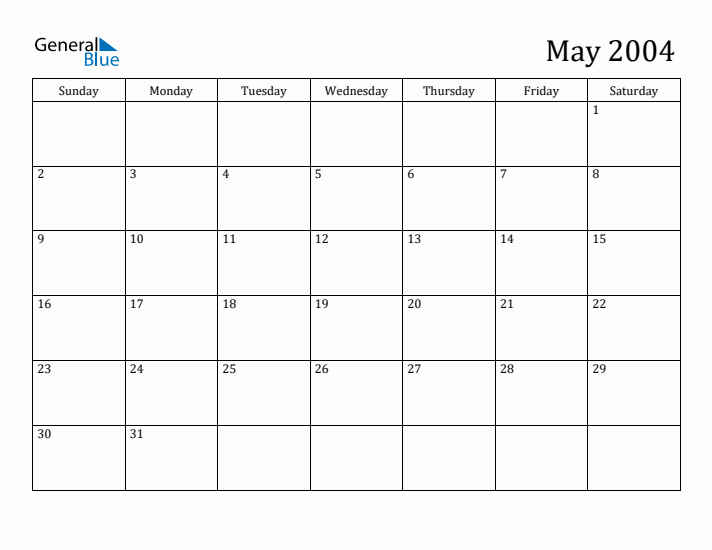 May 2004 Calendar (PDF Word Excel)
