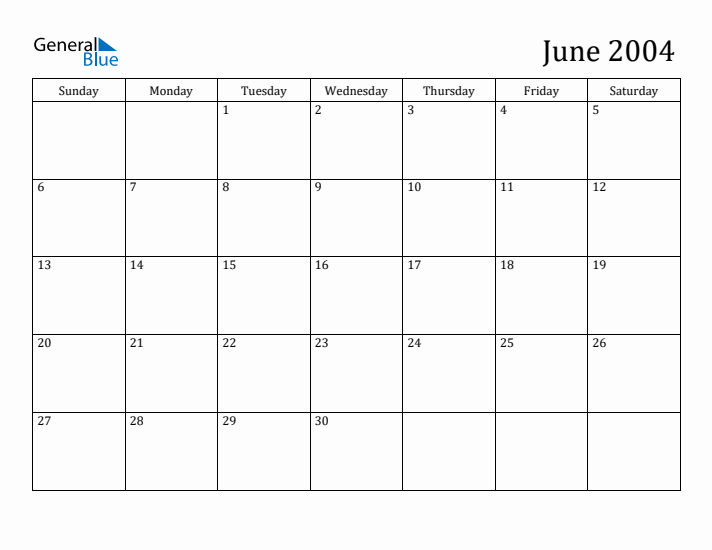 June 2004 Monthly Calendar (PDF, Word, Excel)