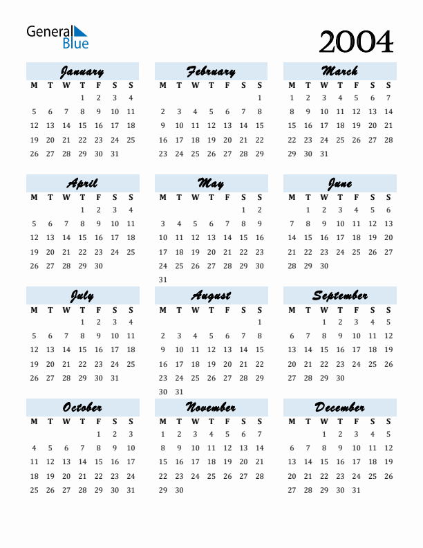 Calendar 2004 Free Download and Print
