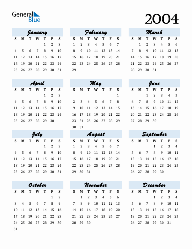 Calendar 2004 Free Download and Print