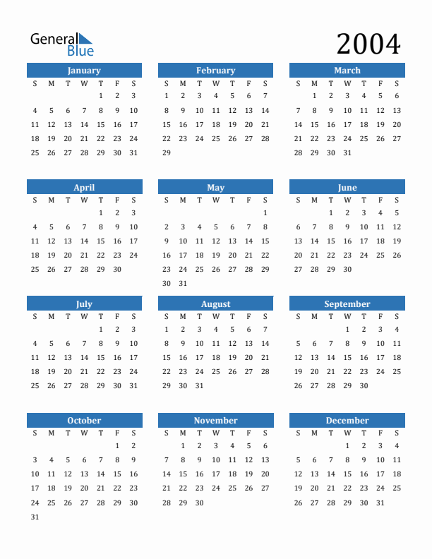 Free 2004 Calendars in PDF, Word, Excel