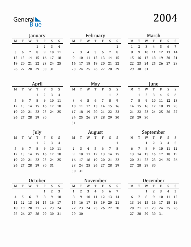 Year 2004 Free Printable 12-Month Calendar