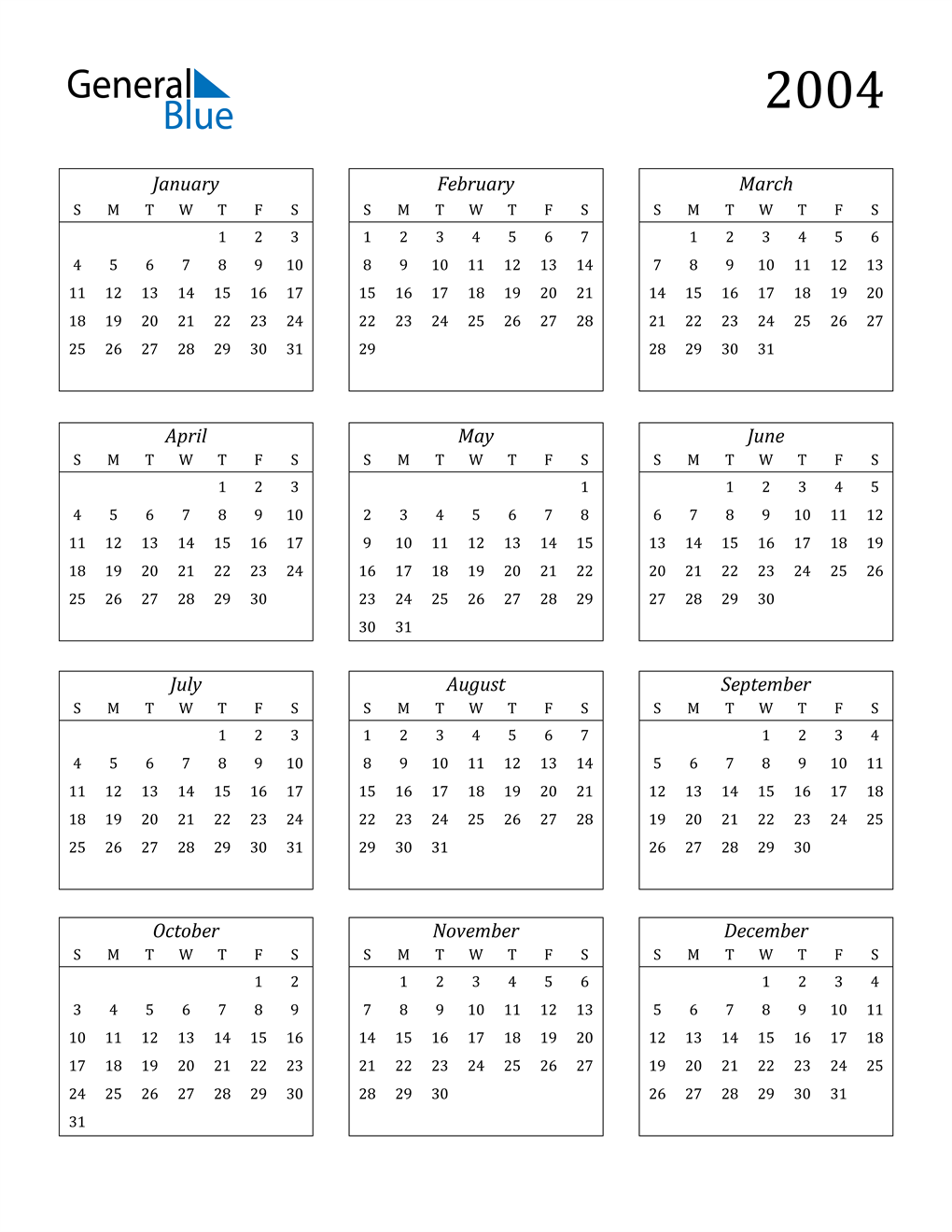 2004 Calendar PDF Word Excel 