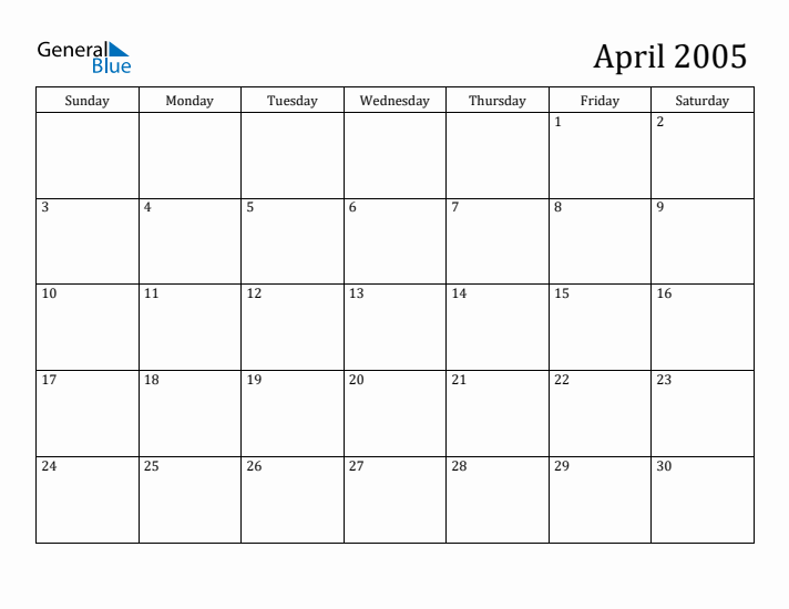 April 2005 Monthly Calendar (PDF Word Excel)