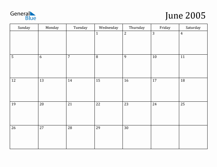 June 2005 Monthly Calendar (PDF Word Excel)