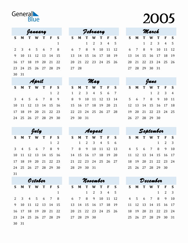 Calendar 2005 Free Download and Print
