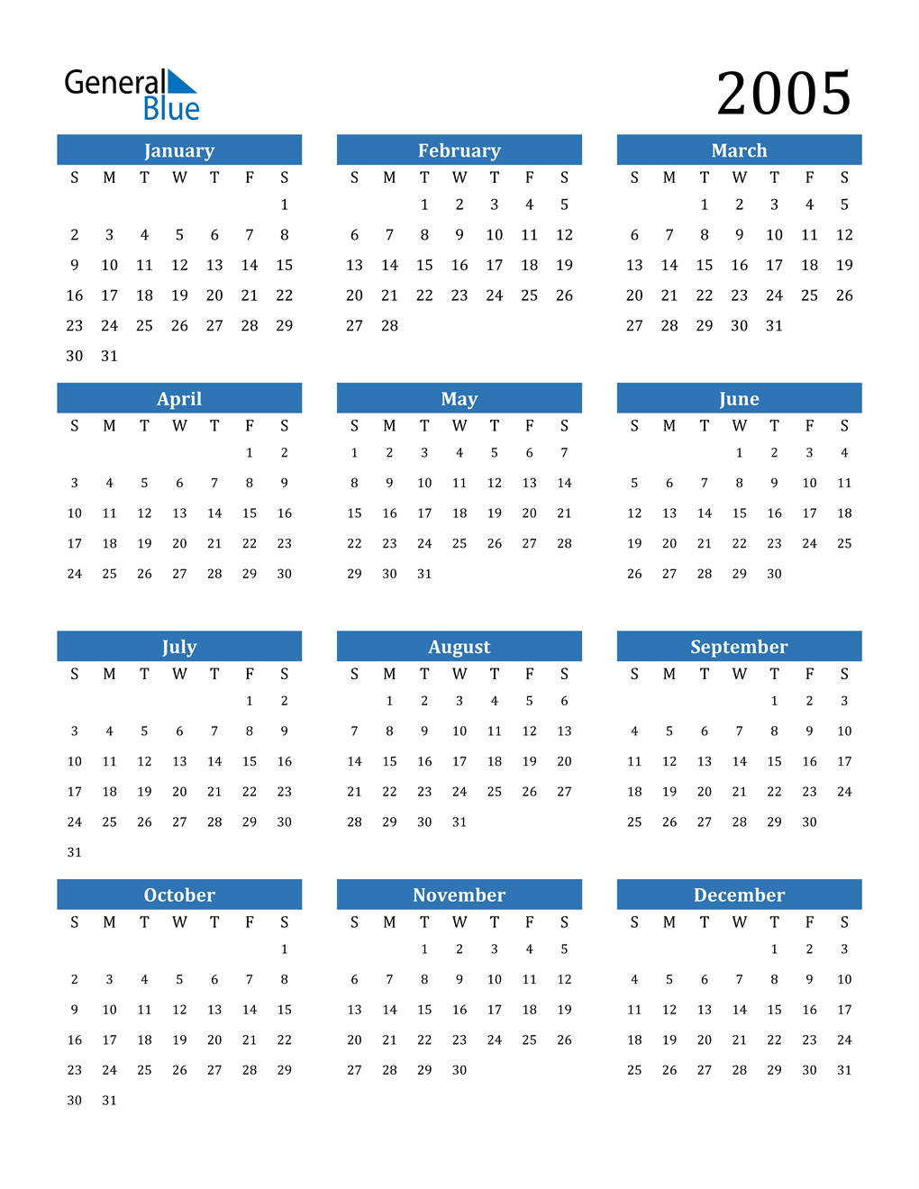 2005 Calendar PDF Word Excel 