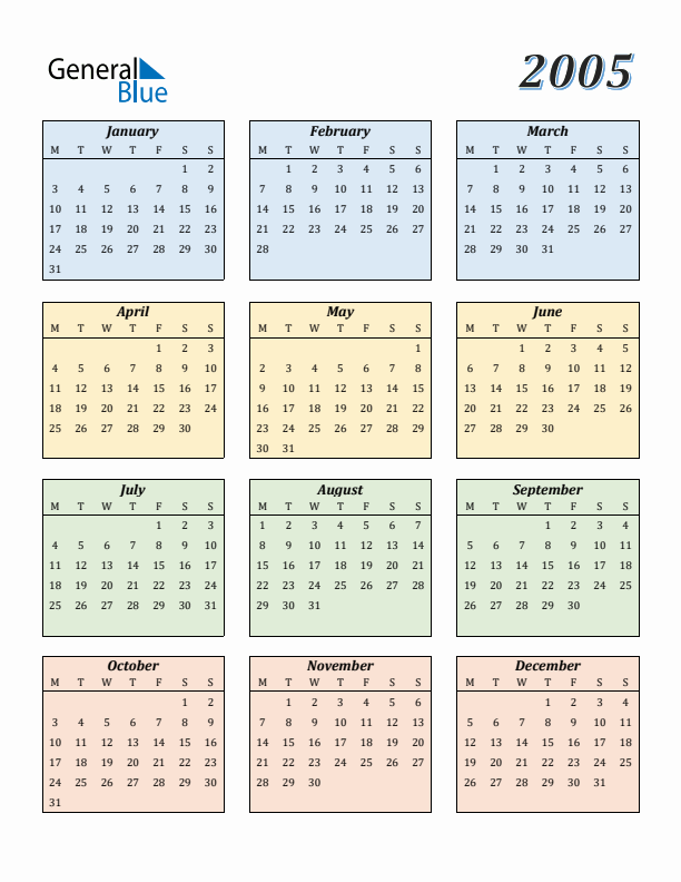 Calendar for 2005 (Monday Start)