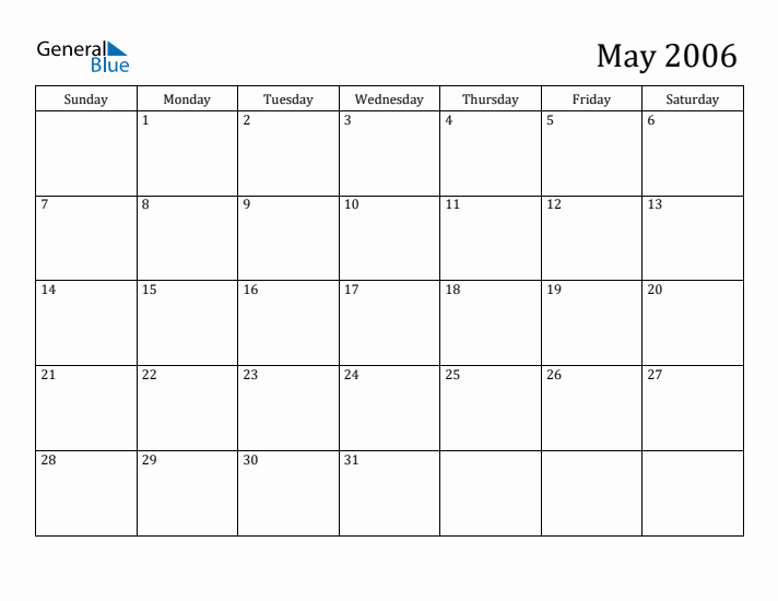 May 2006 Monthly Calendar (PDF Word Excel)