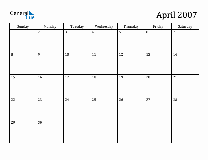 April 2007 Monthly Calendar (PDF Word Excel)