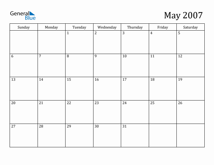 May 2007 Monthly Calendar (PDF, Word, Excel)