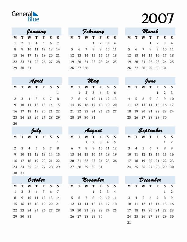 Calendar 2007 Free Download and Print