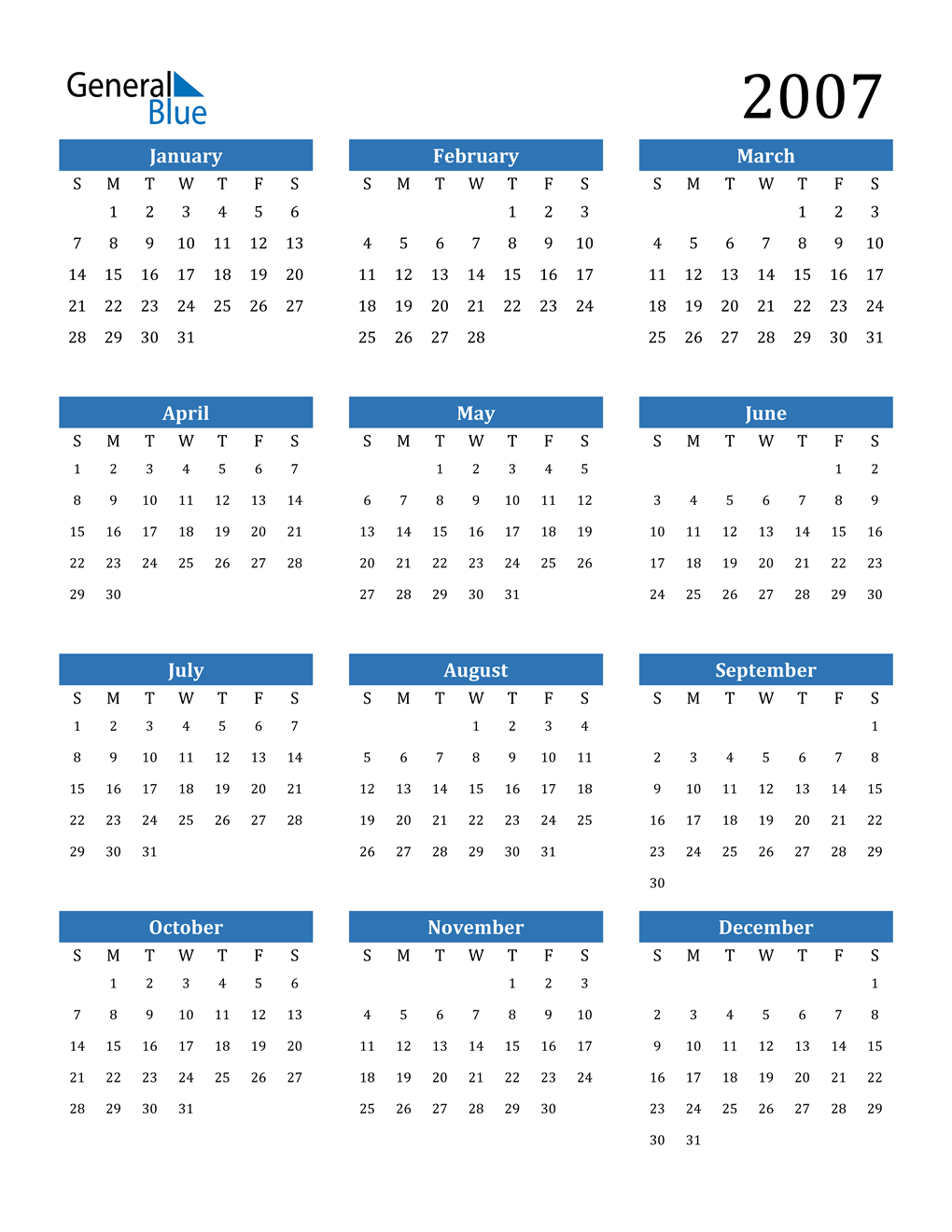 2007 Calendar PDF Word Excel 