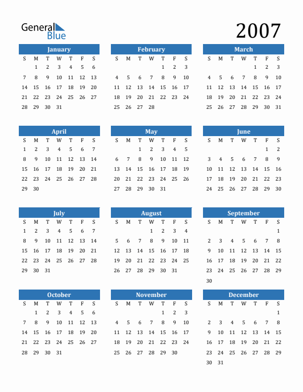 Free 2007 Calendars in PDF, Word, Excel
