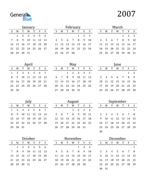 Free Printable Calendar 2007