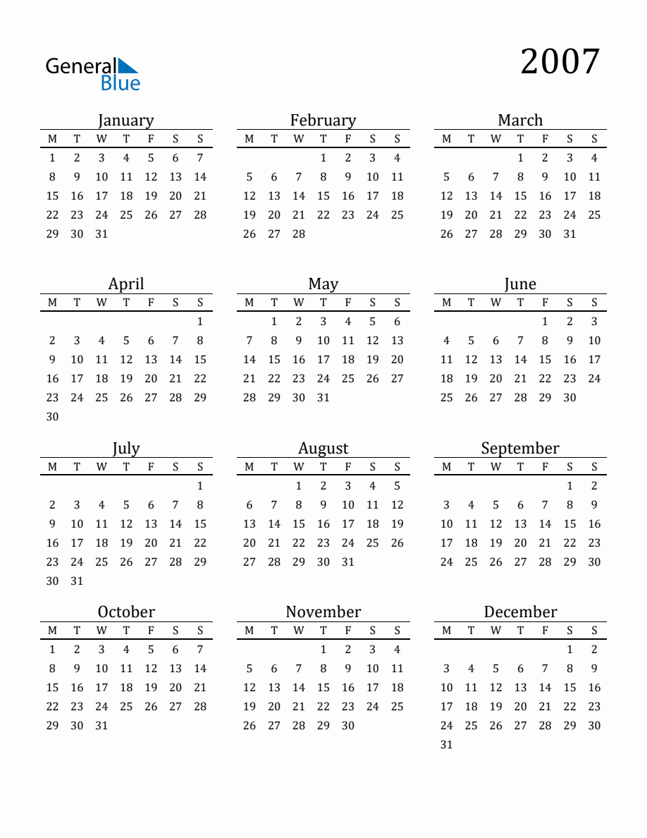 Year 2007 Free Printable 12-Month Calendar