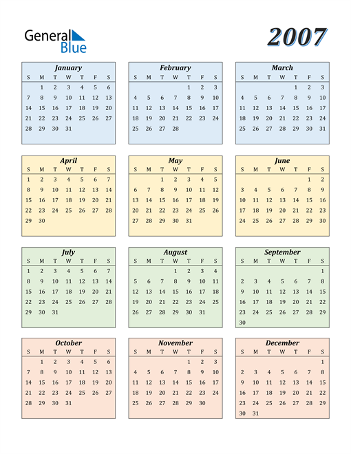 2007 Calendar (PDF, Word, Excel)