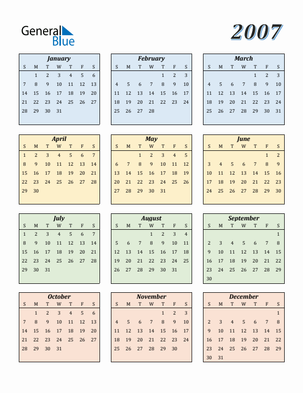 Calendar for 2007 (Sunday Start)