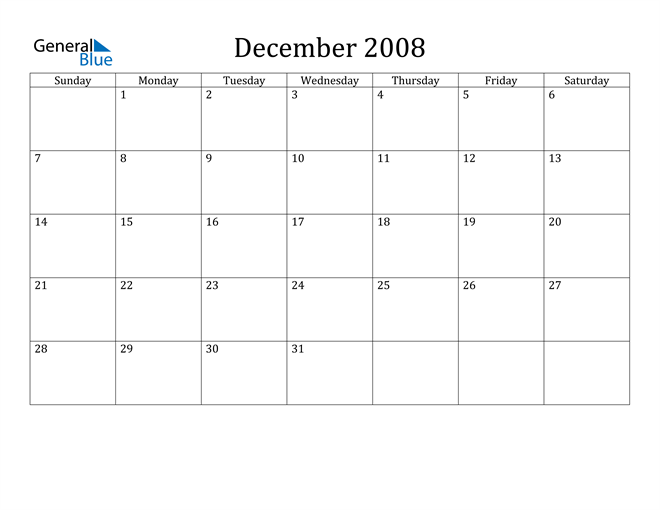 December 2008 Calendar Pdf Word Excel