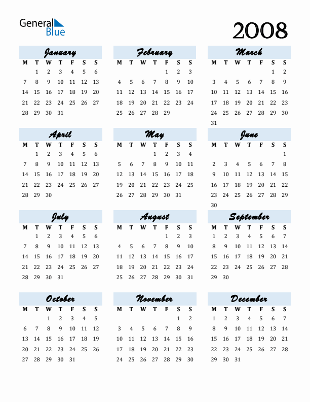 Calendar 2008 Free Download and Print