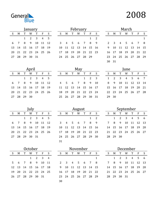 2008 Calendar (PDF, Word, Excel)