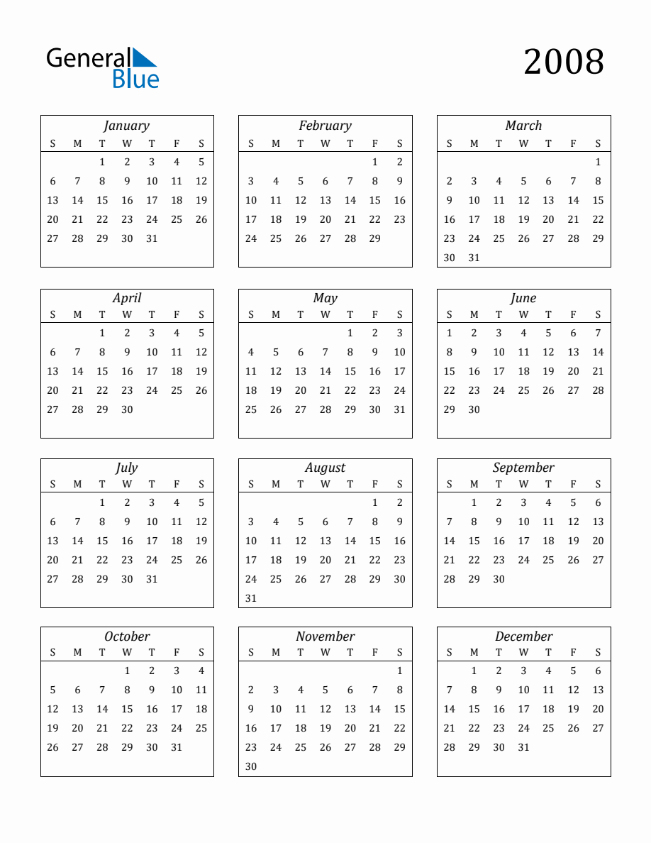 2008 Blank Yearly Calendar Printable