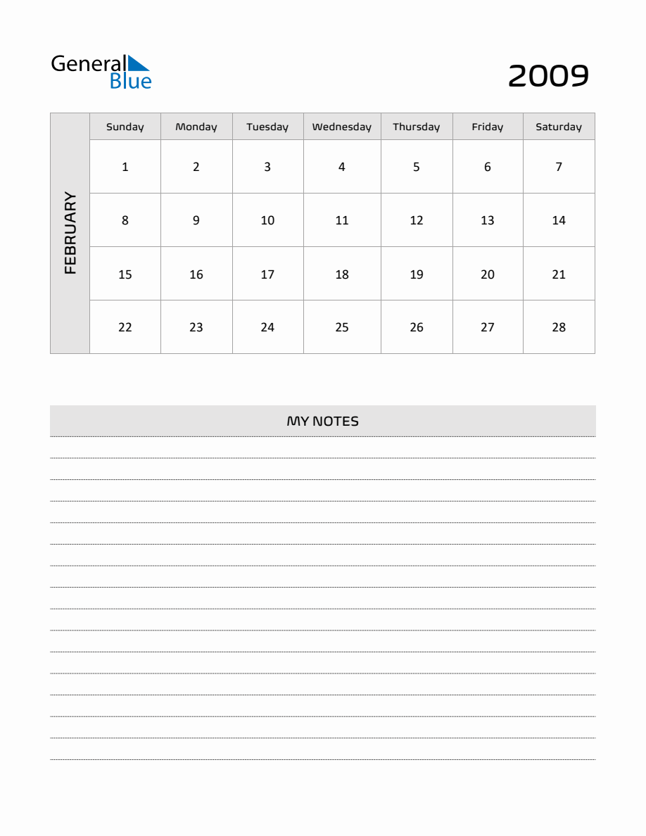 February 2009 Printable Monthly Calendar with Notes