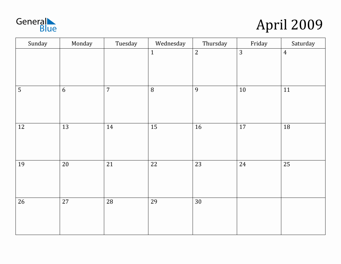 April 2009 Monthly Calendar