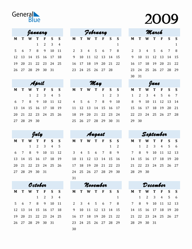 Calendar 2009 Free Download and Print