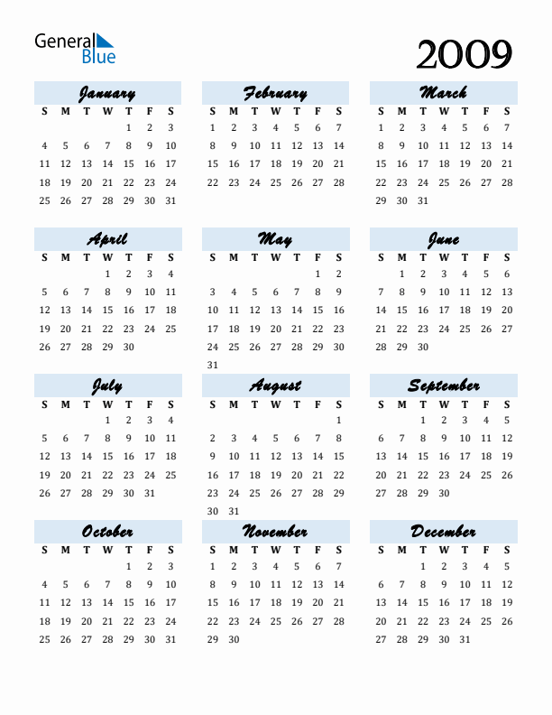 Calendar 2009 Free Download and Print