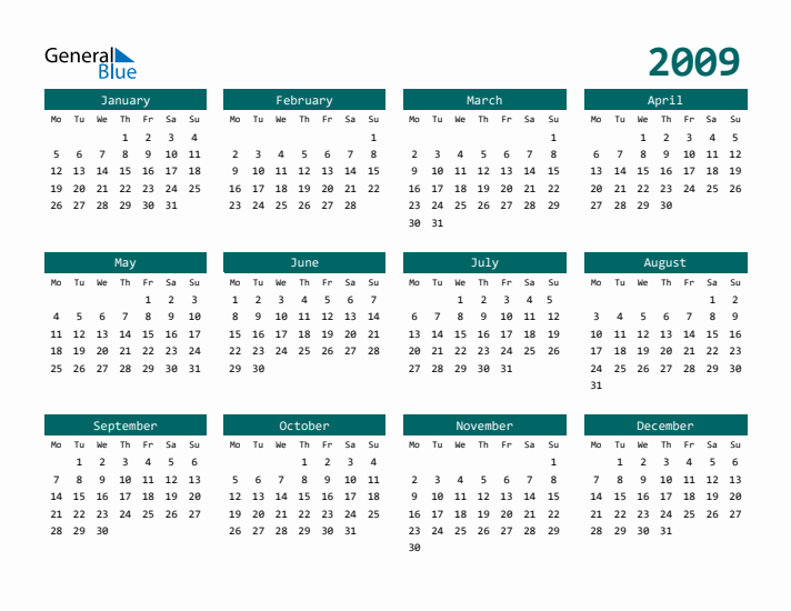 2009 Yearly Calendar Templates with Monday Start