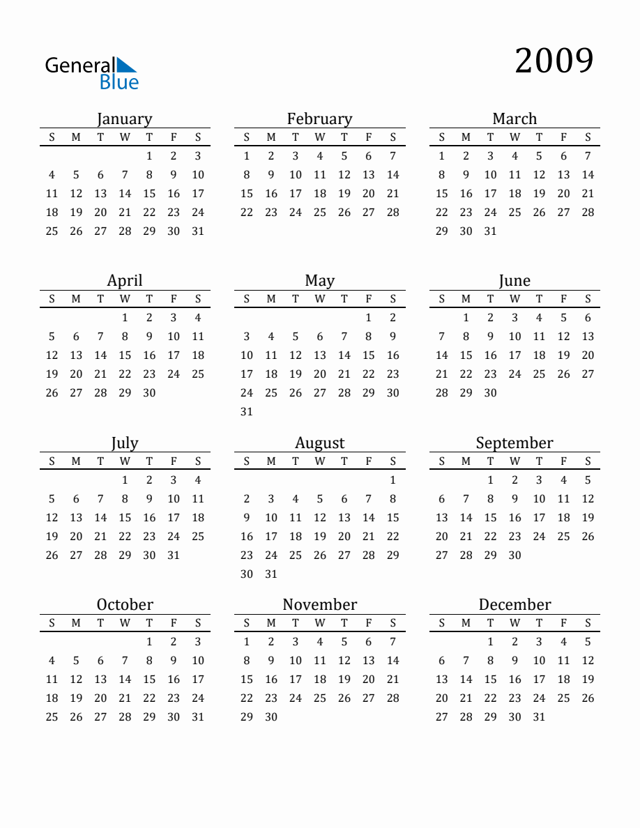 Year 2009 Free Printable 12-Month Calendar