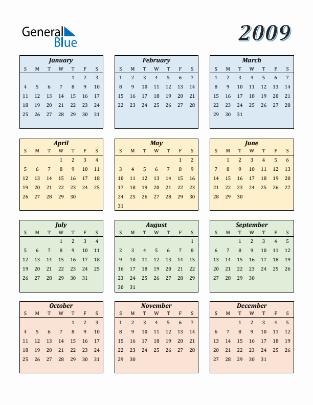 Calendar for 2009 (Sunday Start)