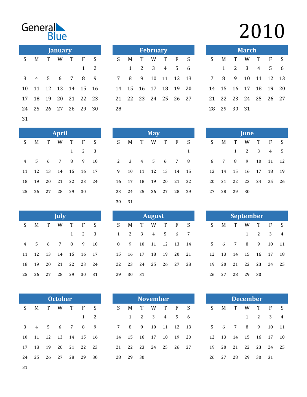 2010 Calendar (PDF, Word, Excel)