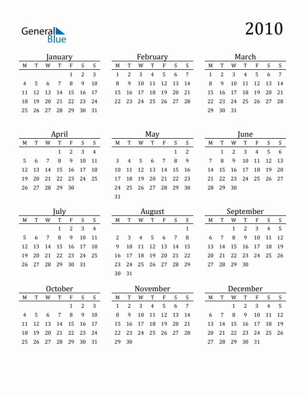 Free Printable Calendar 2010 with Monday Start