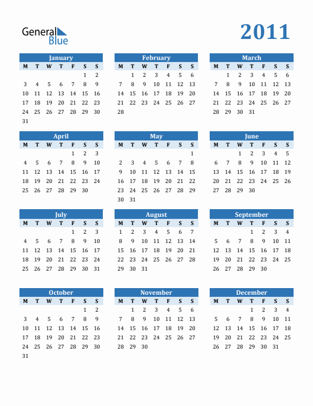 2011 Year Calendar with Monday Start