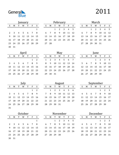 2011 Calendar (PDF, Word, Excel)