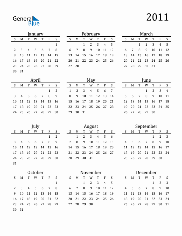 Free Printable Calendar 2011 with Sunday Start
