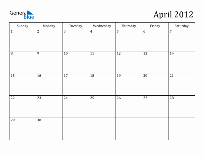April 2012 Monthly Calendar (PDF Word Excel)
