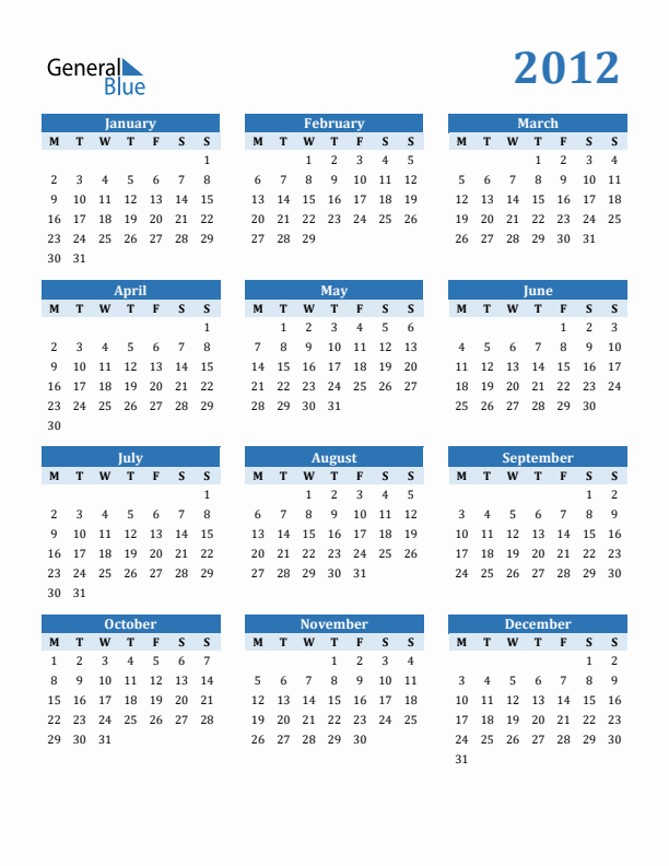2012 Year Calendar with Monday Start