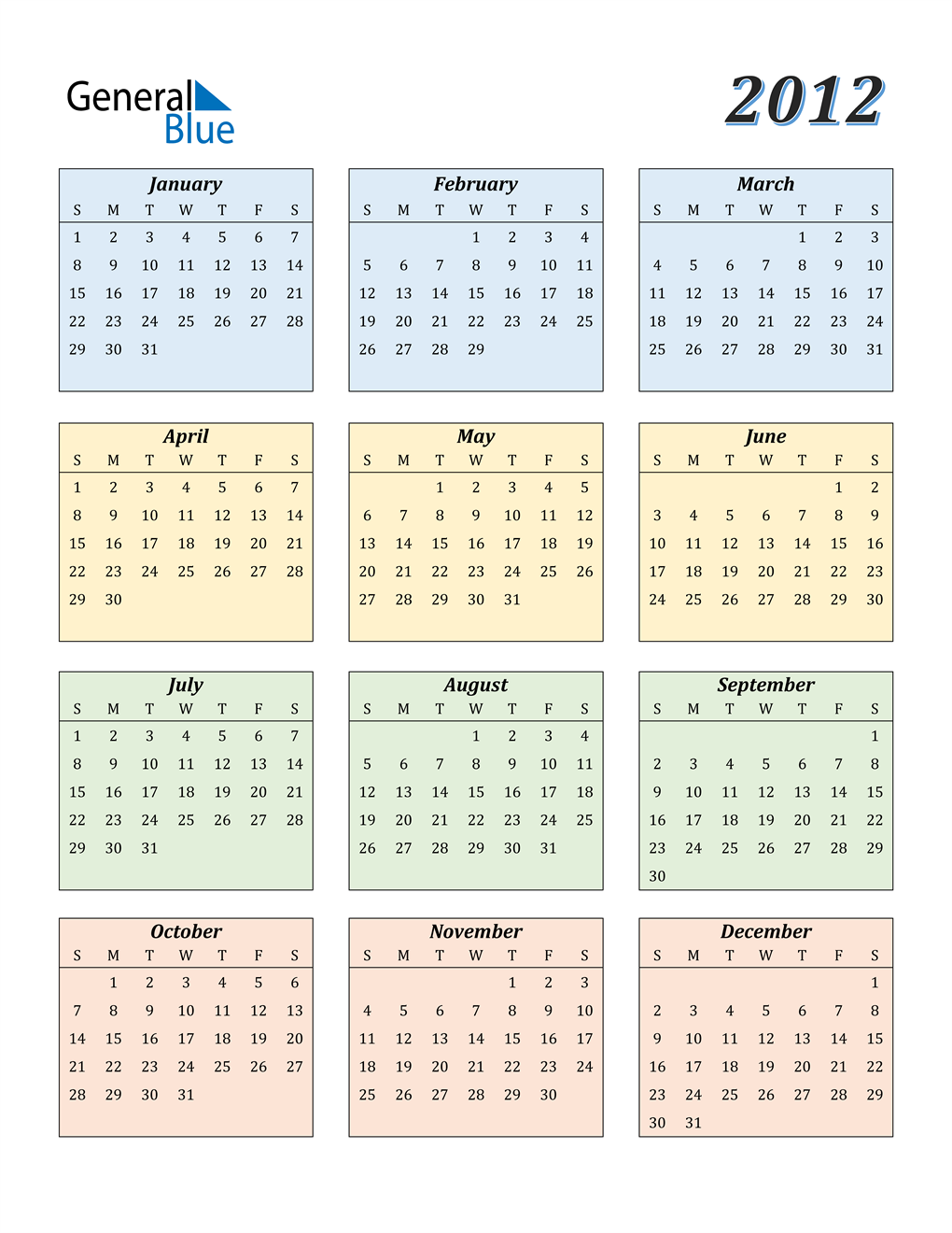 2012 Calendar (PDF, Word, Excel)