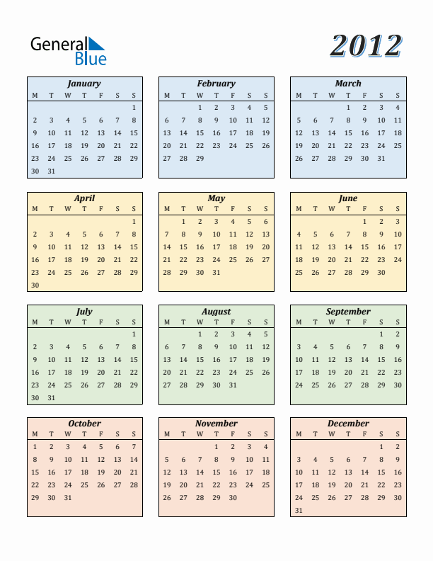 Calendar for 2012 (Monday Start)