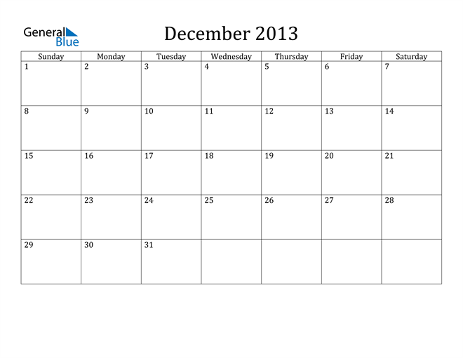 December 2013 Calendar (PDF Word Excel)