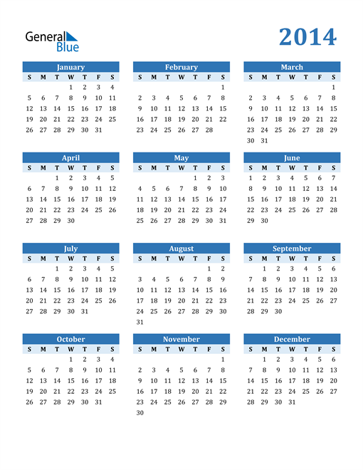 2014 Year Calendar