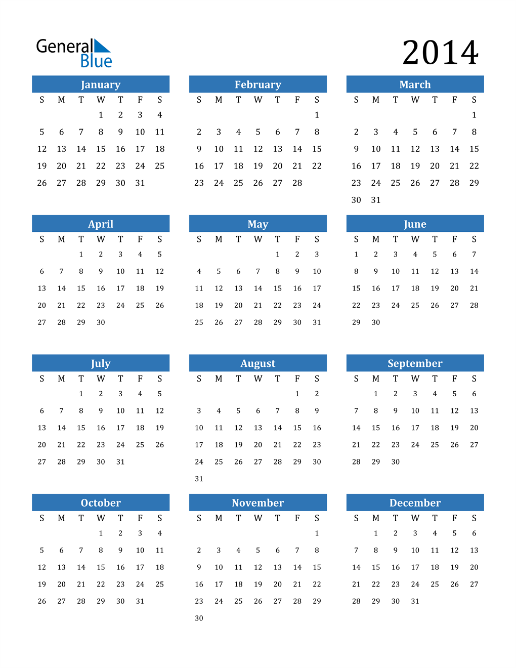 2014 Calendar (PDF, Word, Excel)