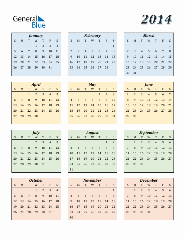 Calendar for 2014 (Sunday Start)