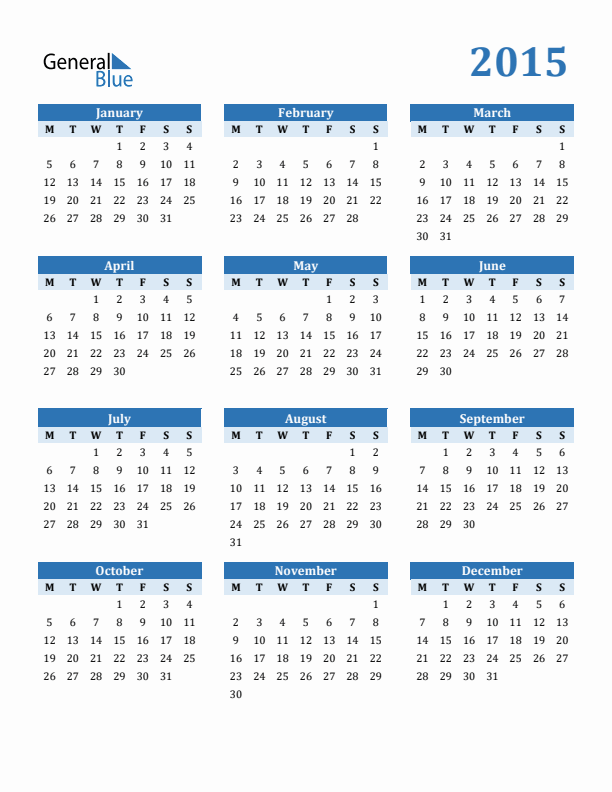 2015 Year Calendar with Monday Start