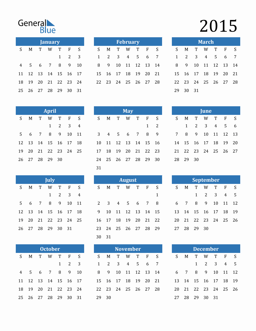 Free 2015 Calendars in PDF, Word, Excel