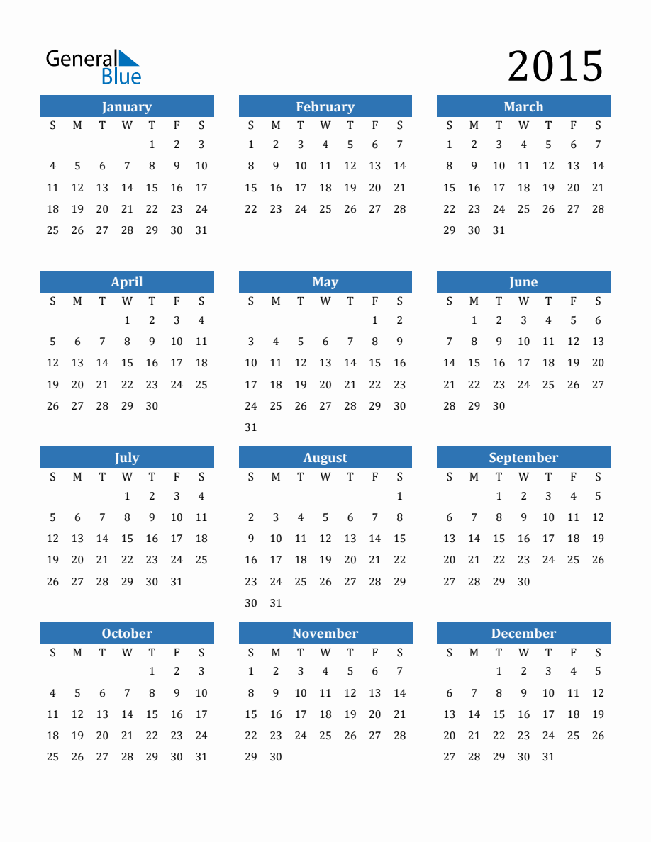 2015 Yearly Calendar