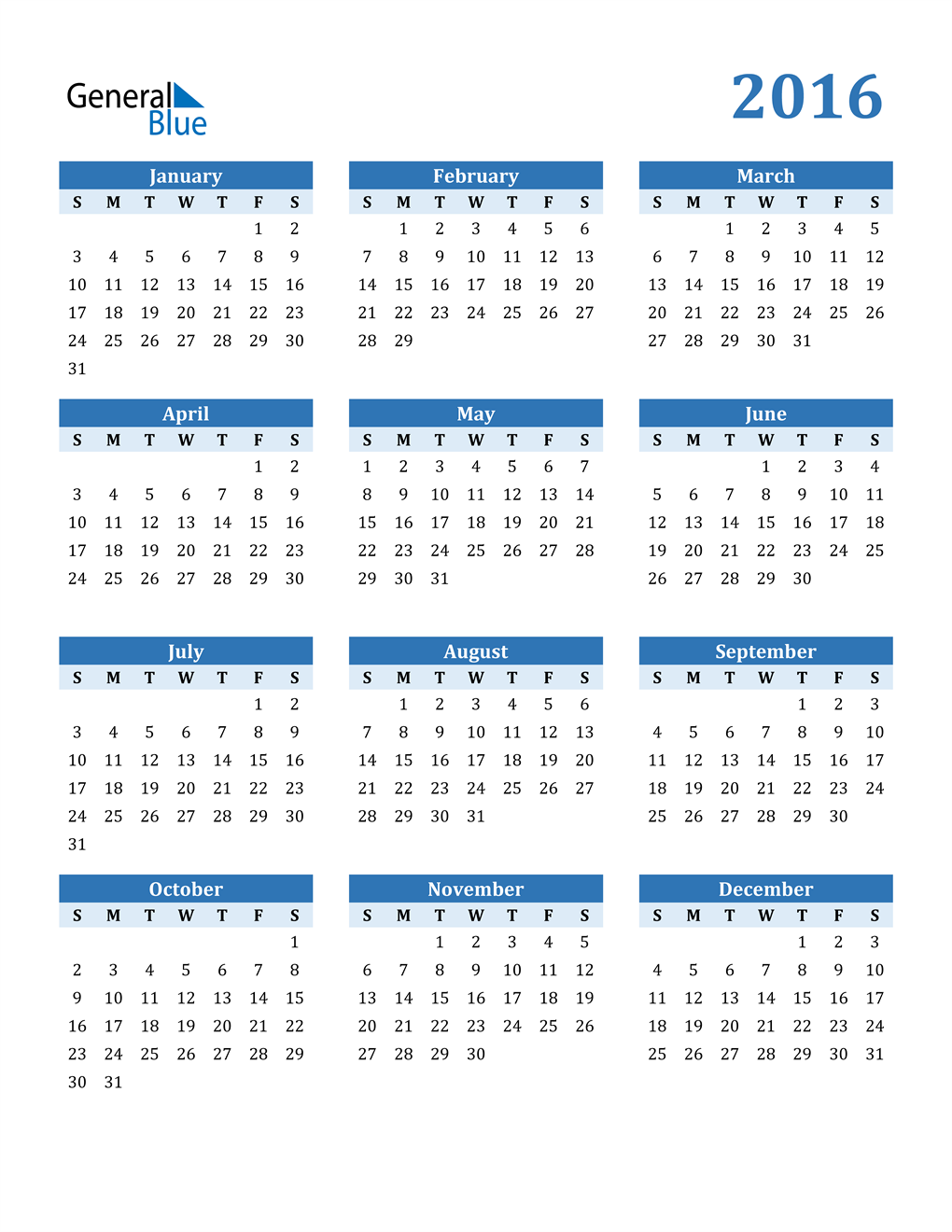 2016 Calendar (PDF, Word, Excel)